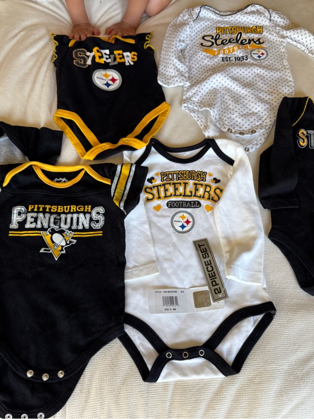 Pittsburgh Steelers & Penguins Baby Onesie Set - Black & White with Gold Accents